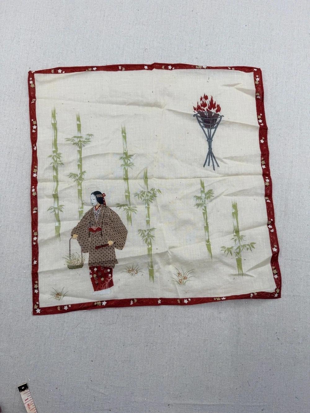 Vintage Very Rare Red Trim Kimono Scarf with Bamboo and Geisha Motif